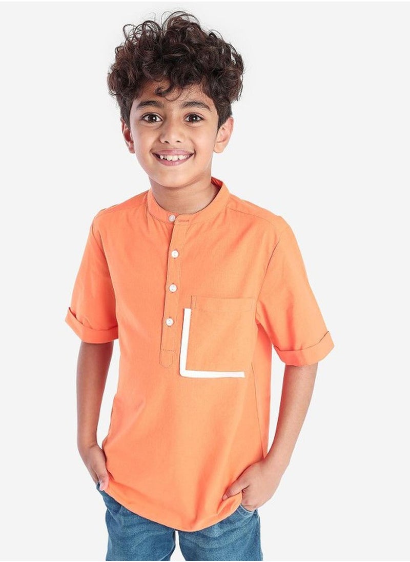 Bonkids Regular Long Sleeve Printed Orange Cotton Shirt For Boys 100 % Cotton  - Image 1