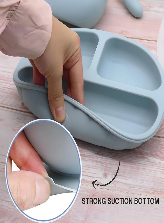 Monkhood Silicone Baby Feeding Set - 5-Piece BPA-Free Baby Feeding Essentials for Baby Led Weaning, Includes Strong Suction Divided Plate, Bib, Sippy Cup, Spoon & Fork - Light Blue - Image 2