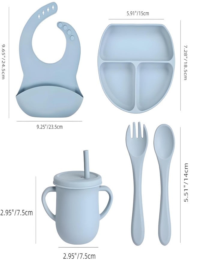 Monkhood Silicone Baby Feeding Set - 5-Piece BPA-Free Baby Feeding Essentials for Baby Led Weaning, Includes Strong Suction Divided Plate, Bib, Sippy Cup, Spoon & Fork - Light Blue - Image 4
