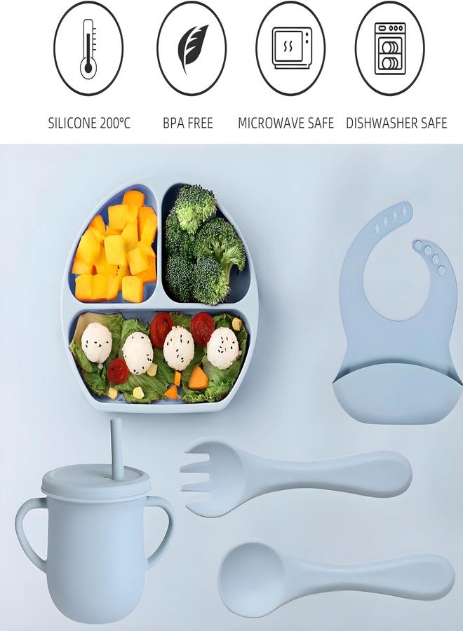 Monkhood Silicone Baby Feeding Set - 5-Piece BPA-Free Baby Feeding Essentials for Baby Led Weaning, Includes Strong Suction Divided Plate, Bib, Sippy Cup, Spoon & Fork - Light Blue - Image 3