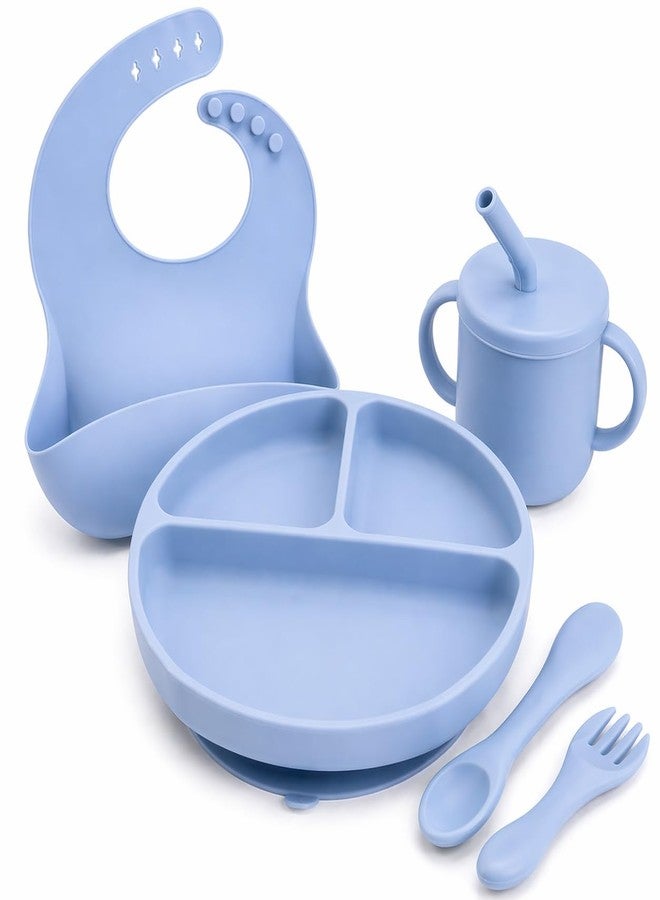 Monkhood Silicone Baby Feeding Set - 5-Piece BPA-Free Baby Feeding Essentials for Baby Led Weaning, Includes Strong Suction Divided Plate, Bib, Sippy Cup, Spoon & Fork - Light Blue - Image 1