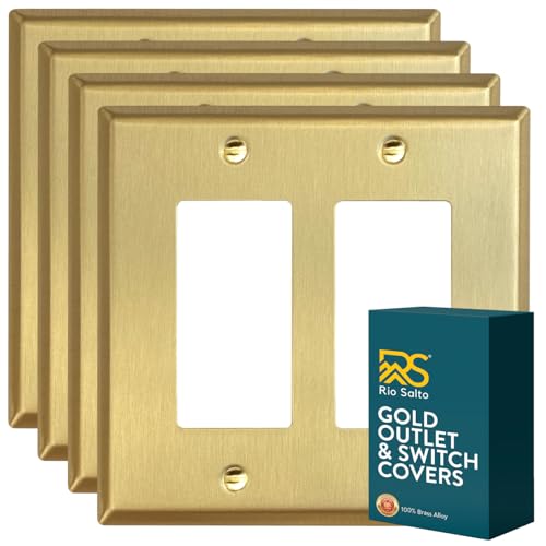 Rio Salto MIDSIZE BRASS Signature Collection Decorative Brushed Brass Gold Metal Outlet Covers Light Switch Cover Plate Premium Wall Plate Covers 2Gang Double Rocker 5 x 494 4Pack - Image 1