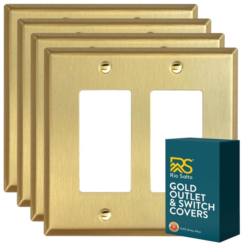 Rio Salto MIDSIZE BRASS Signature Collection Decorative Brushed Brass Gold Metal Outlet Covers Light Switch Cover Plate Premium Wall Plate Covers 2Gang Double Rocker 5 x 494 4Pack - Image 2