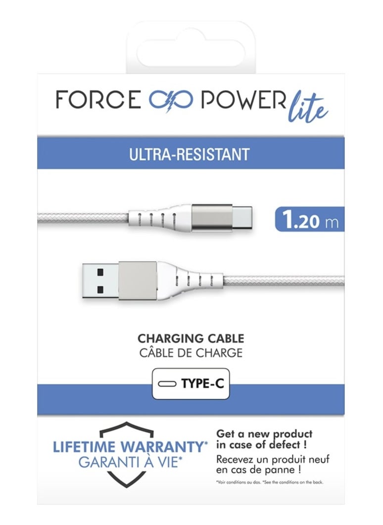 FORCE Force Power Lite USB A to USB C Reinforced Cable 1,2m Lifetime Warranty White  - Image 1