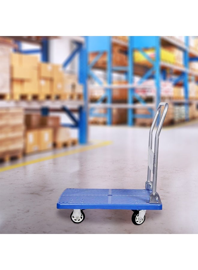 Restaurantware RW Clean 35.5 x 23.25 x 27.75 Inch Platform Cart, 1 Large Flat Hand Cart - 660-Pound Capacity, Foldable Handle, Blue Plastic Flatbed Dolly Cart, Heavy-Duty, For Warehouses Or Homes  - Image 3
