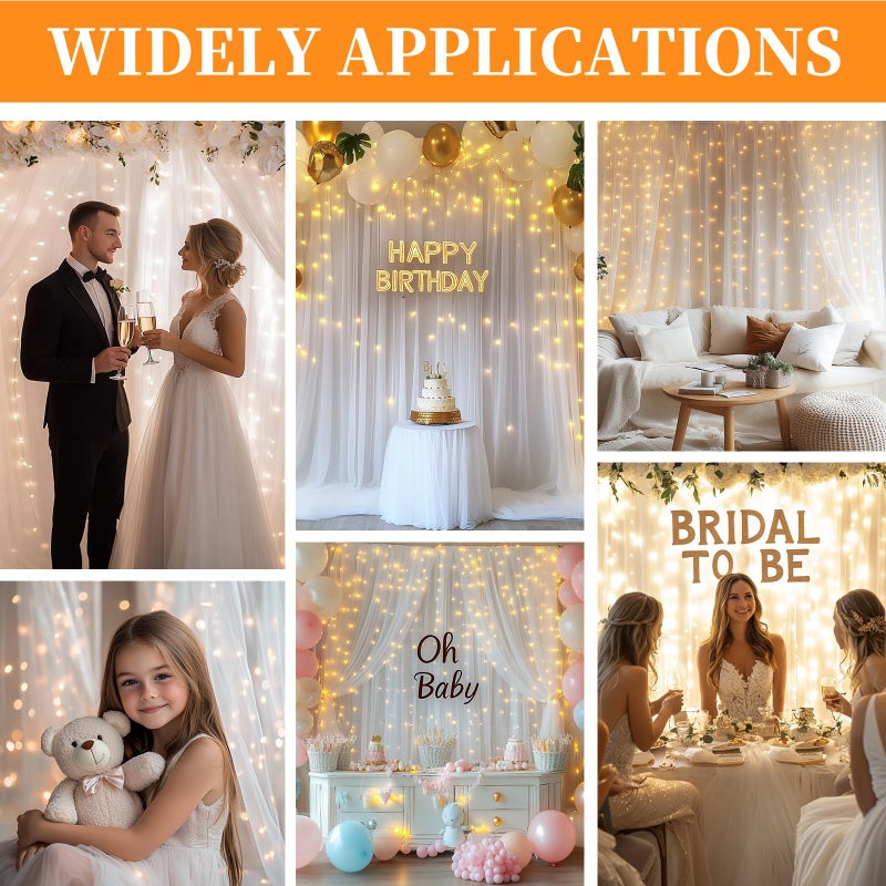 Patioman 10x10ft White Tulle Backdrop Curtain with String Lights, Wrinkle-Free Sheer Wedding Backdrop for Birthday Parties, Baby Showers, Bridal Showers, Photo Shoots and Home Decorations, White - Image 2