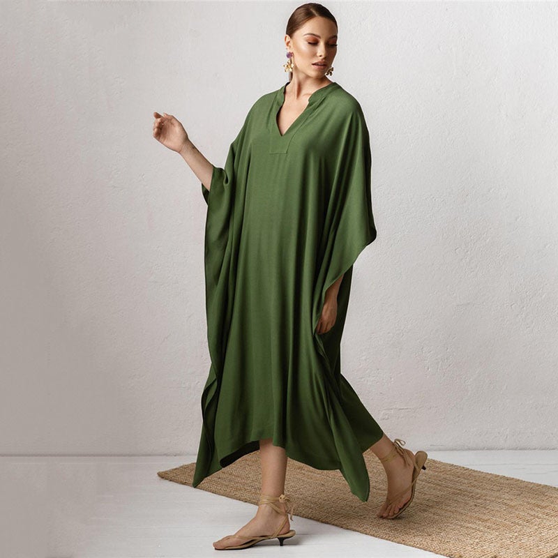 Cross-border Explosions European and American Solid Color Polyester Beach Blouse Sexy Deep V-neck Robe Holiday Skirt Bikini Blouse(2-orange DN0732, All yards) - Image 3