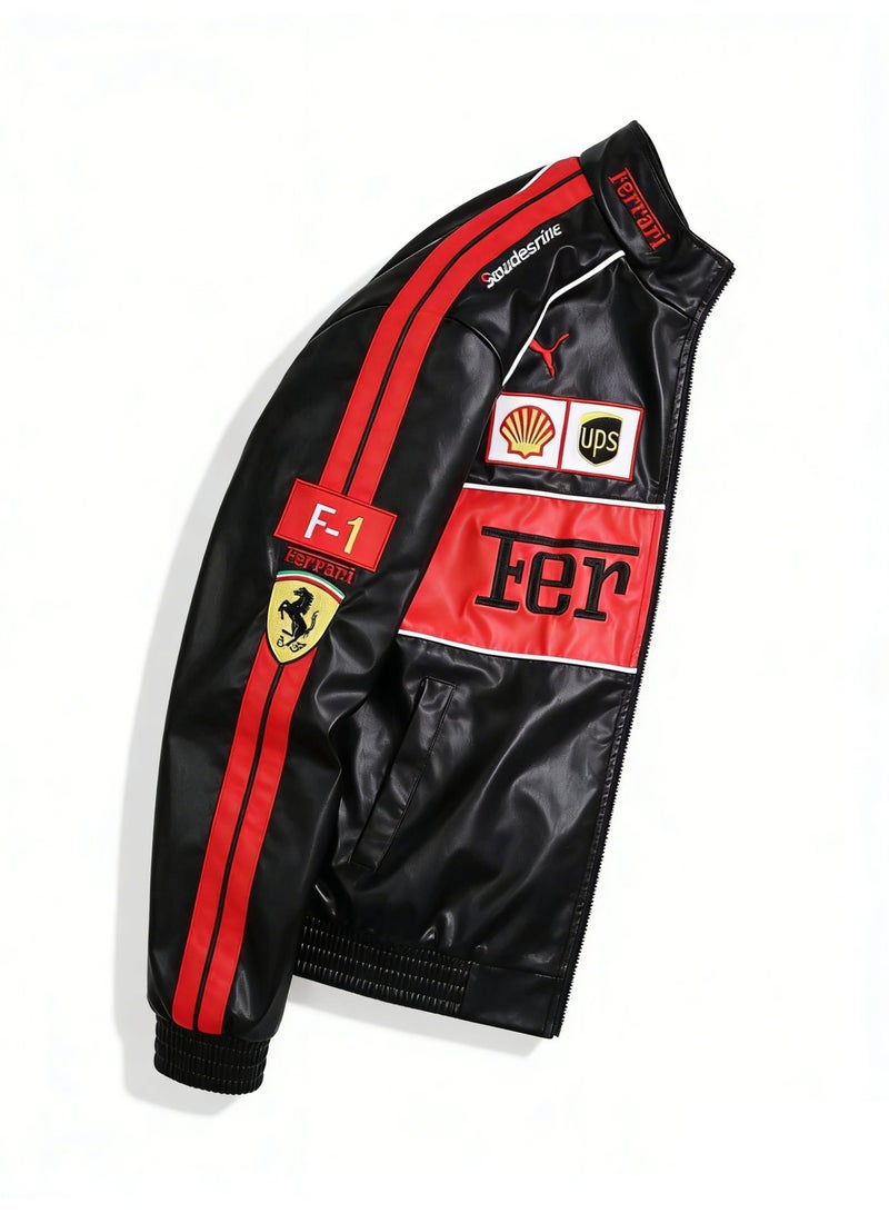 F1 Leather Racing Jacket - Black & Red Color Block, Shell/UPS Sponsor Logos, Full-Zip Design, Faux Leather Fabric, Official Motorsport Apparel for Fans & Streetwear Styling - Image 2