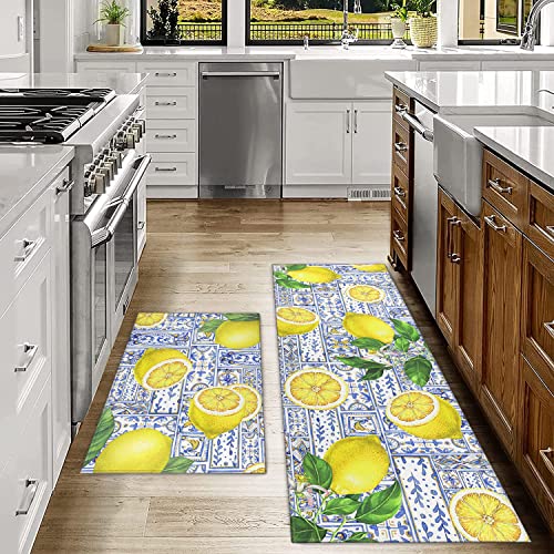Ideasonna Watercolor Lemon Kitchen Rug Mat Decor Summer Kitchen Rugs Sets of 2 Non-Slip Washable Kitchen Mats for Floor 2 Piece Lemon Rugs Decorations for Kitchen - Image 2