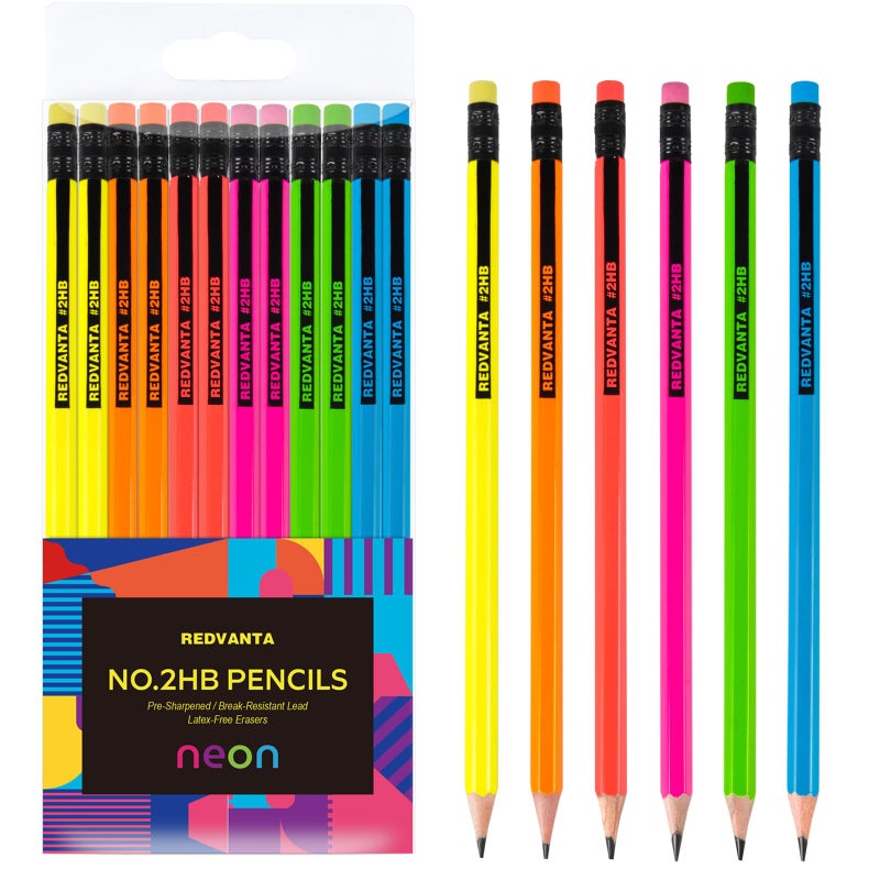 REDVANTA Pre-Sharpened Pencils #2 Neon Pencil for Kids Fun Number 2 Pencils with Erasers for School, Office, Writing, Drawing, 12 Count - Image 1