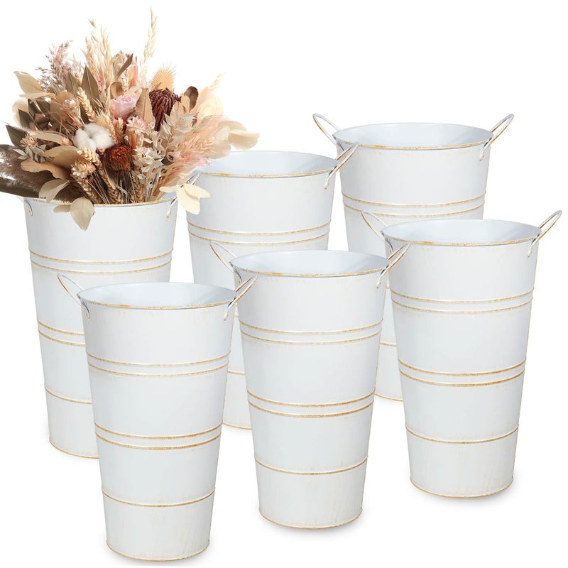 12 Inch Galvanized Metal Vases for Flowers  6 Pcs Farmhouse Decorative Tall Flower Bucket with Handles Rustic French Tin Planter Buckets for Wedding Decor White