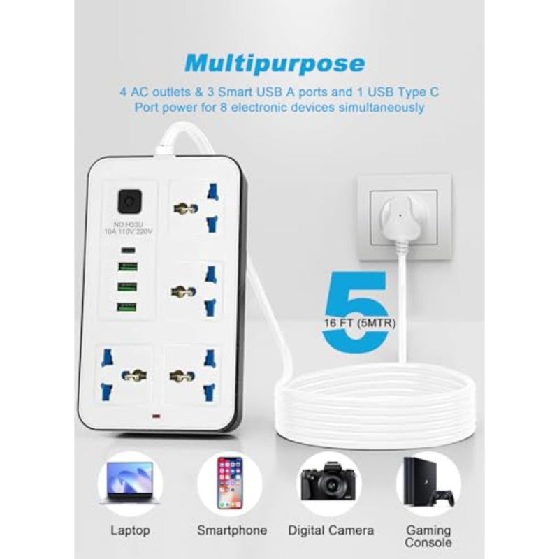 مشترك طاقة للمكتب المنزلي في المملكة المتحدة مع سلك PVC، لون أسود، 4 منافذ + 3 USB + 1 USB-C، حماية من زيادة التيار وتصنيف 2000 واط - Image 3