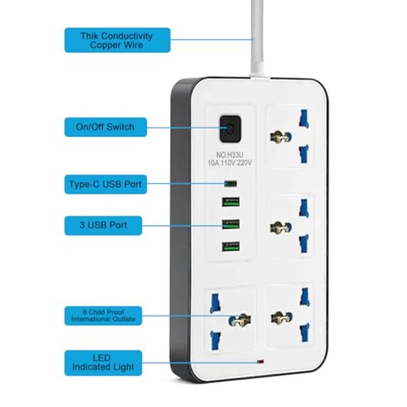 مشترك طاقة للمكتب المنزلي في المملكة المتحدة مع سلك PVC، لون أسود، 4 منافذ + 3 USB + 1 USB-C، حماية من زيادة التيار وتصنيف 2000 واط - Image 4