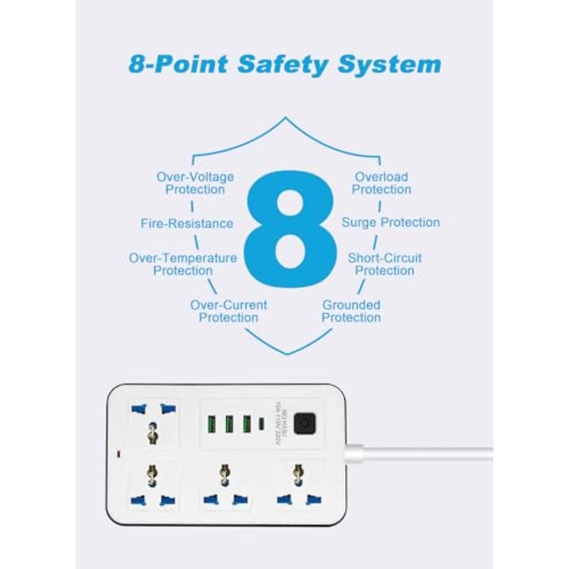 مشترك طاقة للمكتب المنزلي في المملكة المتحدة مع سلك PVC، لون أسود، 4 منافذ + 3 USB + 1 USB-C، حماية من زيادة التيار وتصنيف 2000 واط - Image 5
