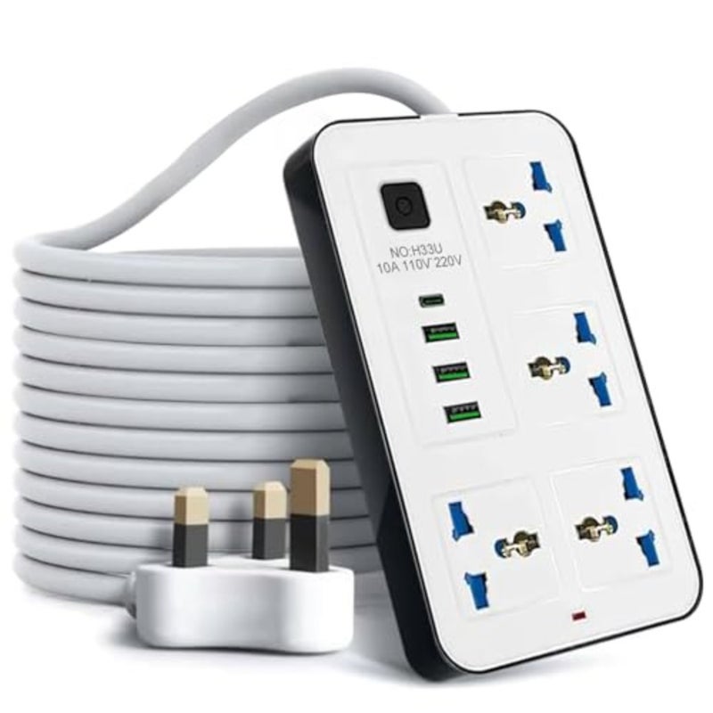 مشترك طاقة للمكتب المنزلي في المملكة المتحدة مع سلك PVC، لون أسود، 4 منافذ + 3 USB + 1 USB-C، حماية من زيادة التيار وتصنيف 2000 واط - Image 1