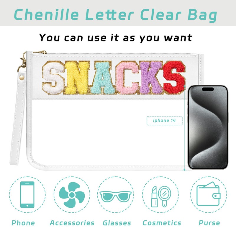 YEMEDA Clear Zipper Pouch PVC Waterproof Nylon Makeup Letter Bag for Women Girls Chenille Letter, for Travel, Cosmetic Bag, Snack Bags, Clear Stuff Bags, For Travel,ï¼ˆWhite-Snacksï¼‰ - Image 5