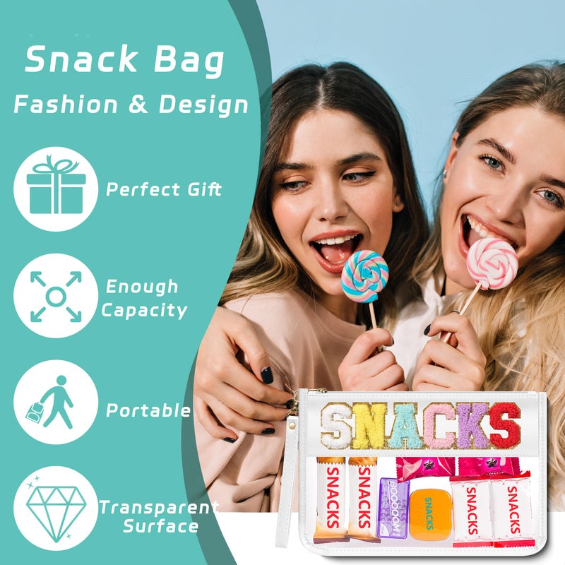 YEMEDA Clear Zipper Pouch PVC Waterproof Nylon Makeup Letter Bag for Women Girls Chenille Letter, for Travel, Cosmetic Bag, Snack Bags, Clear Stuff Bags, For Travel,ï¼ˆWhite-Snacksï¼‰ - Image 4