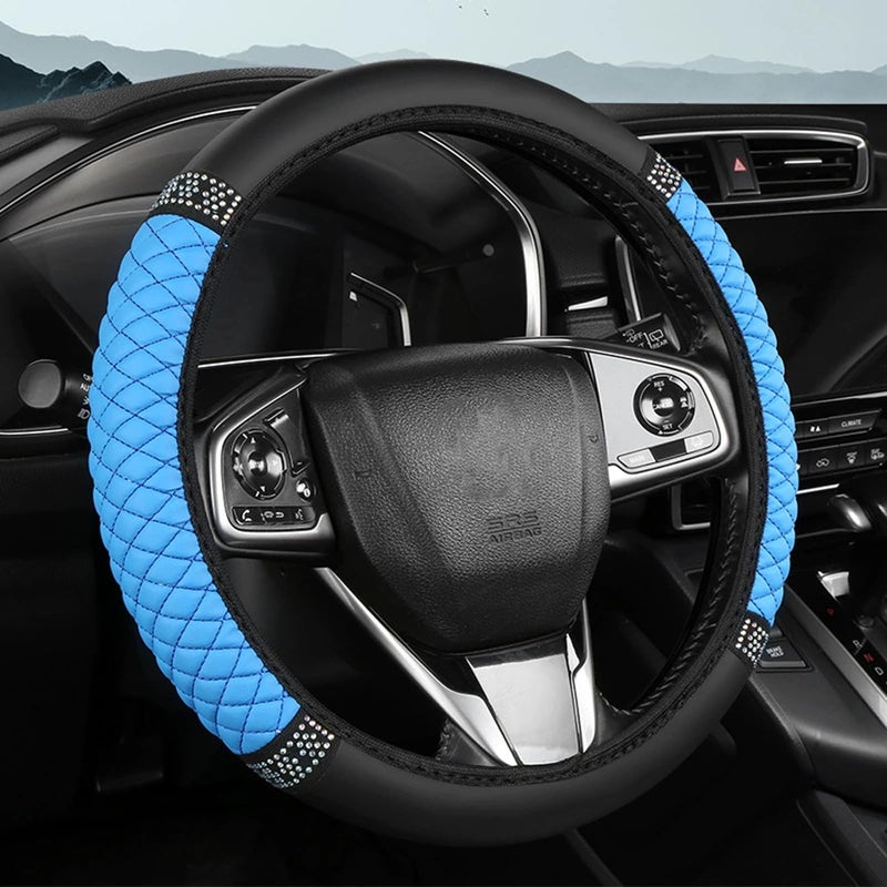 Tioollev Bling Car Steering Wheel Cover 15 Inch Rhinestones Soft Leather Elastic Steering Wheel Protector Sparkly Crystal Diamond for Women Girls Car Interior Accessories for Most Cars Blue - Image 3