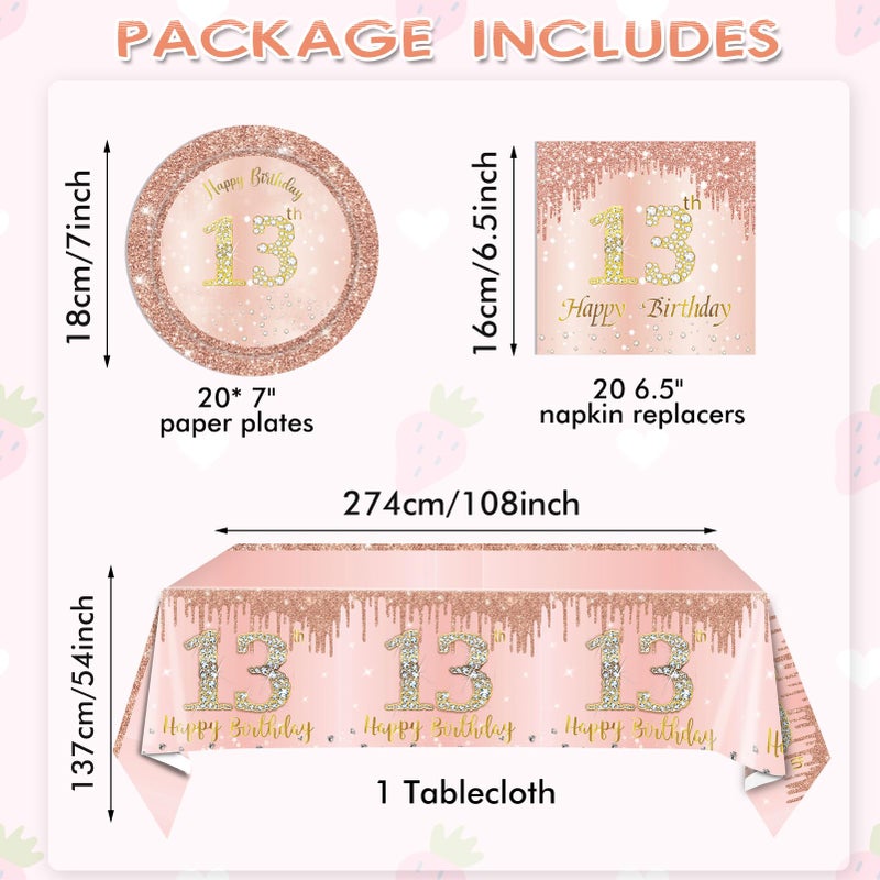 SNIMICS 41PCS 13th Birthday Decorations Rose Gold Theme 13 Year Old Girl Birthday Decorations Including Happy Birthday Plates Napkins Tablecloth for Official Teenager 13th Birthday Party - Image 2