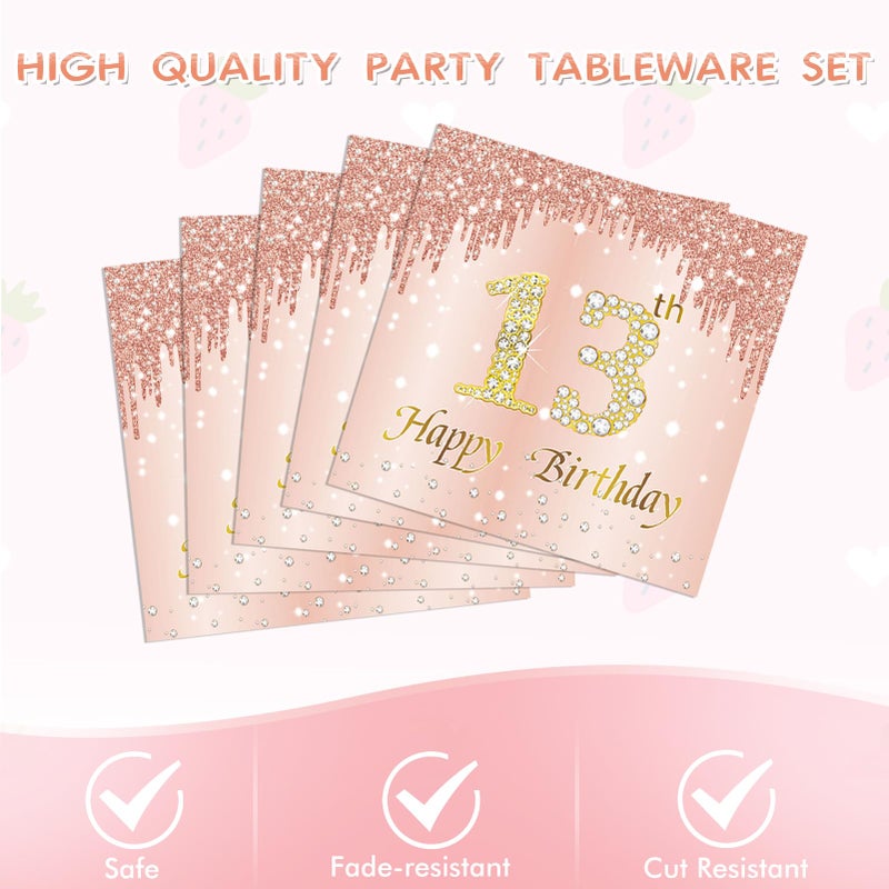 SNIMICS 41PCS 13th Birthday Decorations Rose Gold Theme 13 Year Old Girl Birthday Decorations Including Happy Birthday Plates Napkins Tablecloth for Official Teenager 13th Birthday Party - Image 4