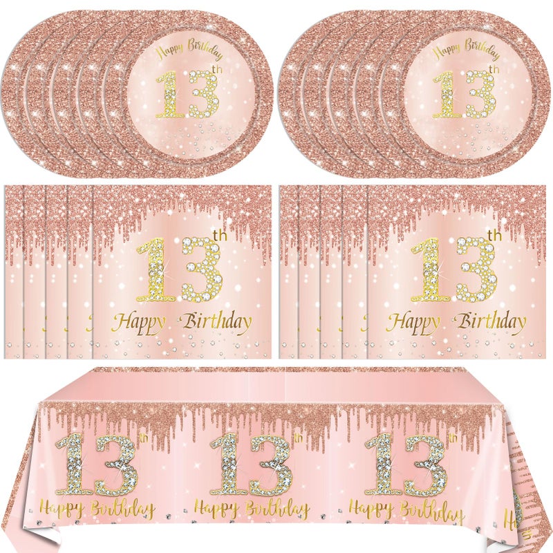 SNIMICS 41PCS 13th Birthday Decorations Rose Gold Theme 13 Year Old Girl Birthday Decorations Including Happy Birthday Plates Napkins Tablecloth for Official Teenager 13th Birthday Party - Image 1