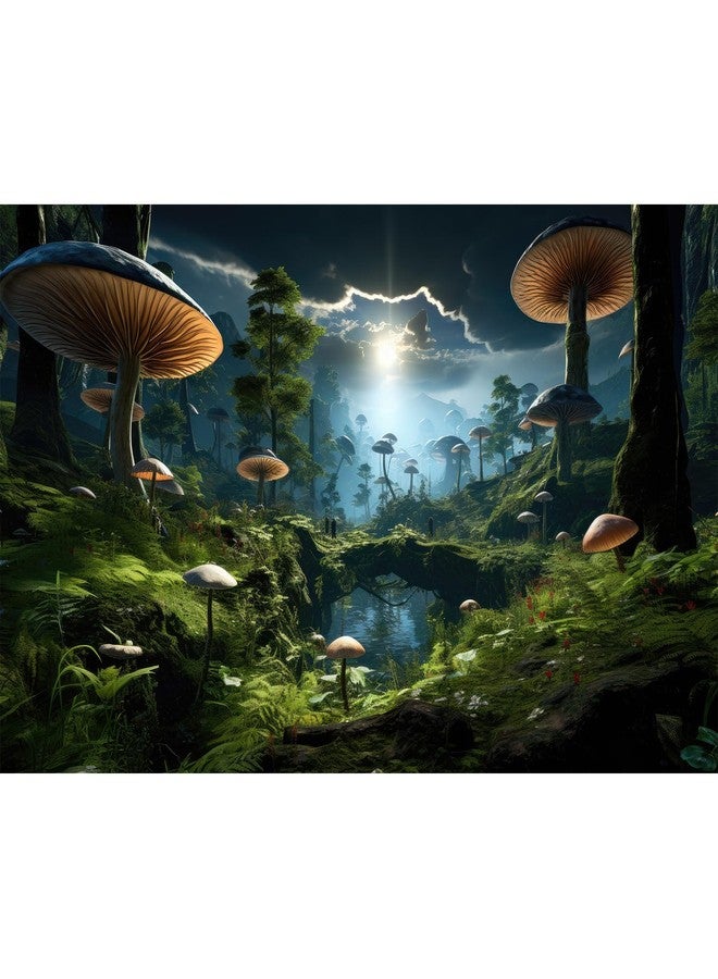 CaterRina Fantasy Mushroom Landscape Aquarium Background Tranquil Stream Mushrooms Night Cloudy Scenery Fish Tank Background Tropical Forest Lush Green Trees Terrarium Tank Background Poster 30x18in - Image 1