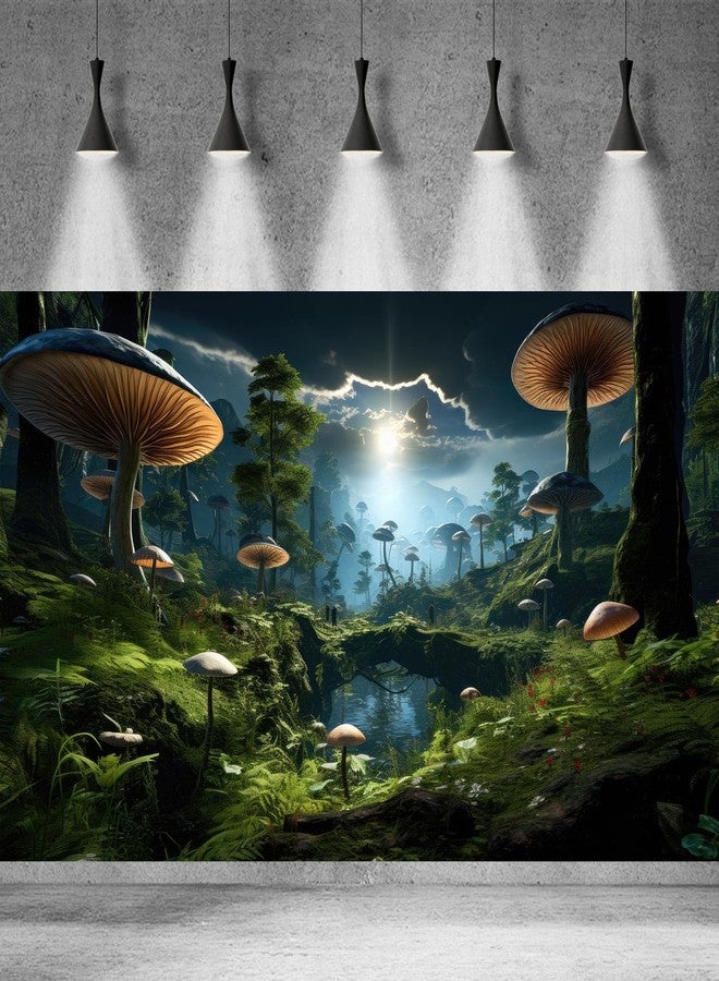 CaterRina Fantasy Mushroom Landscape Aquarium Background Tranquil Stream Mushrooms Night Cloudy Scenery Fish Tank Background Tropical Forest Lush Green Trees Terrarium Tank Background Poster 30x18in - Image 3