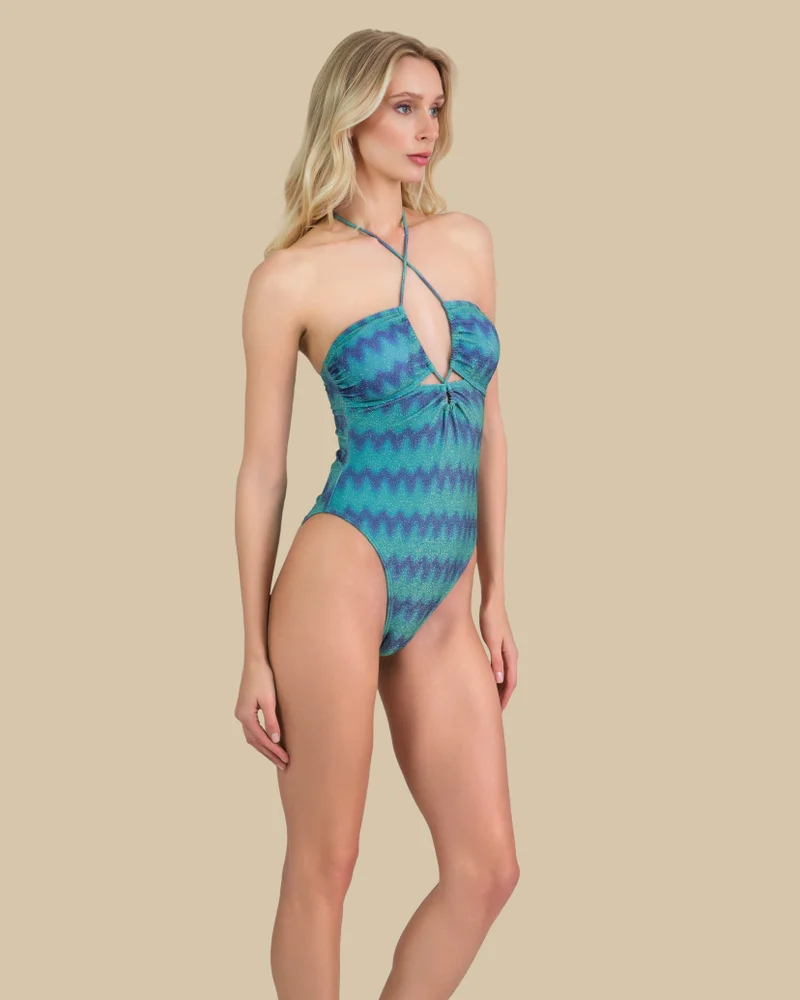 Isla & Evie Isla & Evie Zig Zag Print Shimmer Cut Out Swimsuit