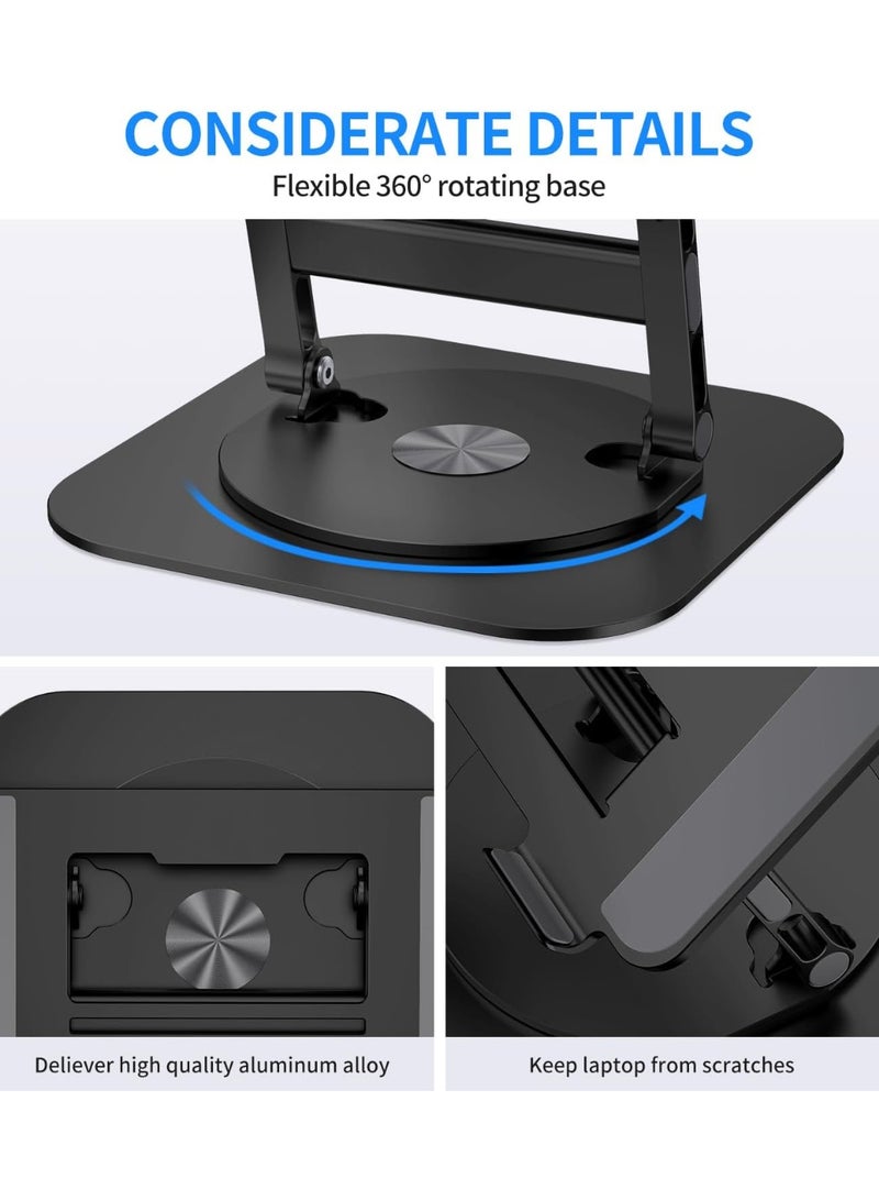 حامل لاب توب من الألومنيوم قابل للتعديل بقاعدة دوارة 360 درجة – حامل مريح قابل للطي لأجهزة حتى 16 بوصة، أسود - Image 3