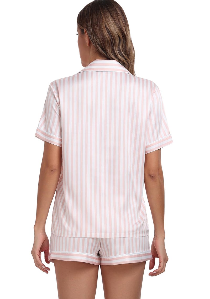 Serenedelicacy Women's Satin Pajama Set 2-Piece Sleepwear Loungewear Button Down Short Sleeve Silky PJ Set (Medium, Light Pink/Ivory, Stripe) - Image 2