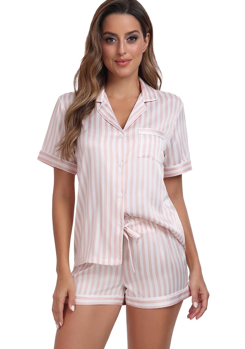 Serenedelicacy Women's Satin Pajama Set 2-Piece Sleepwear Loungewear Button Down Short Sleeve Silky PJ Set (Medium, Light Pink/Ivory, Stripe) - Image 5