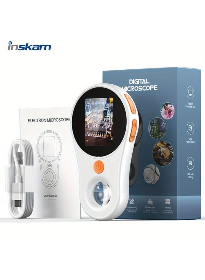White Portable Digital Microscope 500X Magnification 2 Inch IPS Screen USB Battery Powered - Image 1