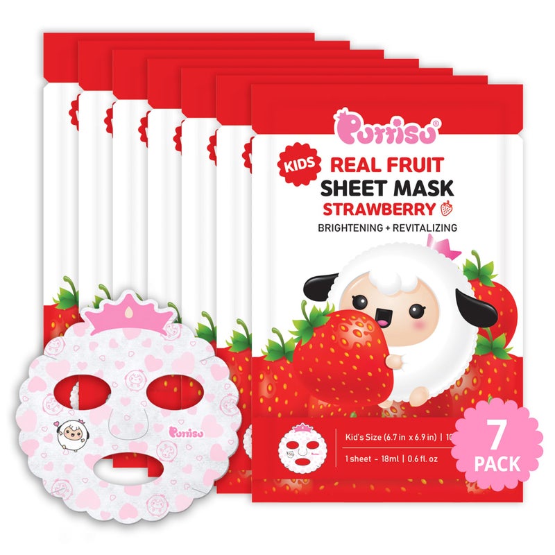 Puttisu Real Fruit Facial Mask Sheet for Kids, Children - Made with 100% Cotton, Moisturize, Sooths and Hydrates Skin (Strawberry- Pack of 7) - Image 1