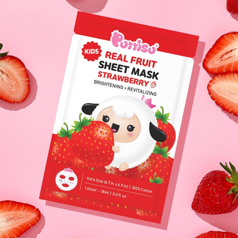 Puttisu Real Fruit Facial Mask Sheet for Kids, Children - Made with 100% Cotton, Moisturize, Sooths and Hydrates Skin (Strawberry- Pack of 7) - Image 4
