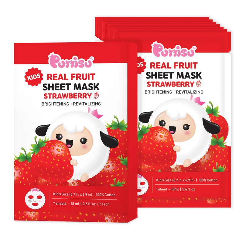 Puttisu Real Fruit Facial Mask Sheet for Kids, Children - Made with 100% Cotton, Moisturize, Sooths and Hydrates Skin (Strawberry- Pack of 7) - Image 2