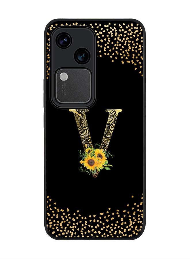 Stylizedd Rugged Black edge case for Vivo V30 5G, Flexible Cover -  Custom Monogram Initial Letter Mandala Floral Pattern Alphabet - V ( Black ) - Image 1