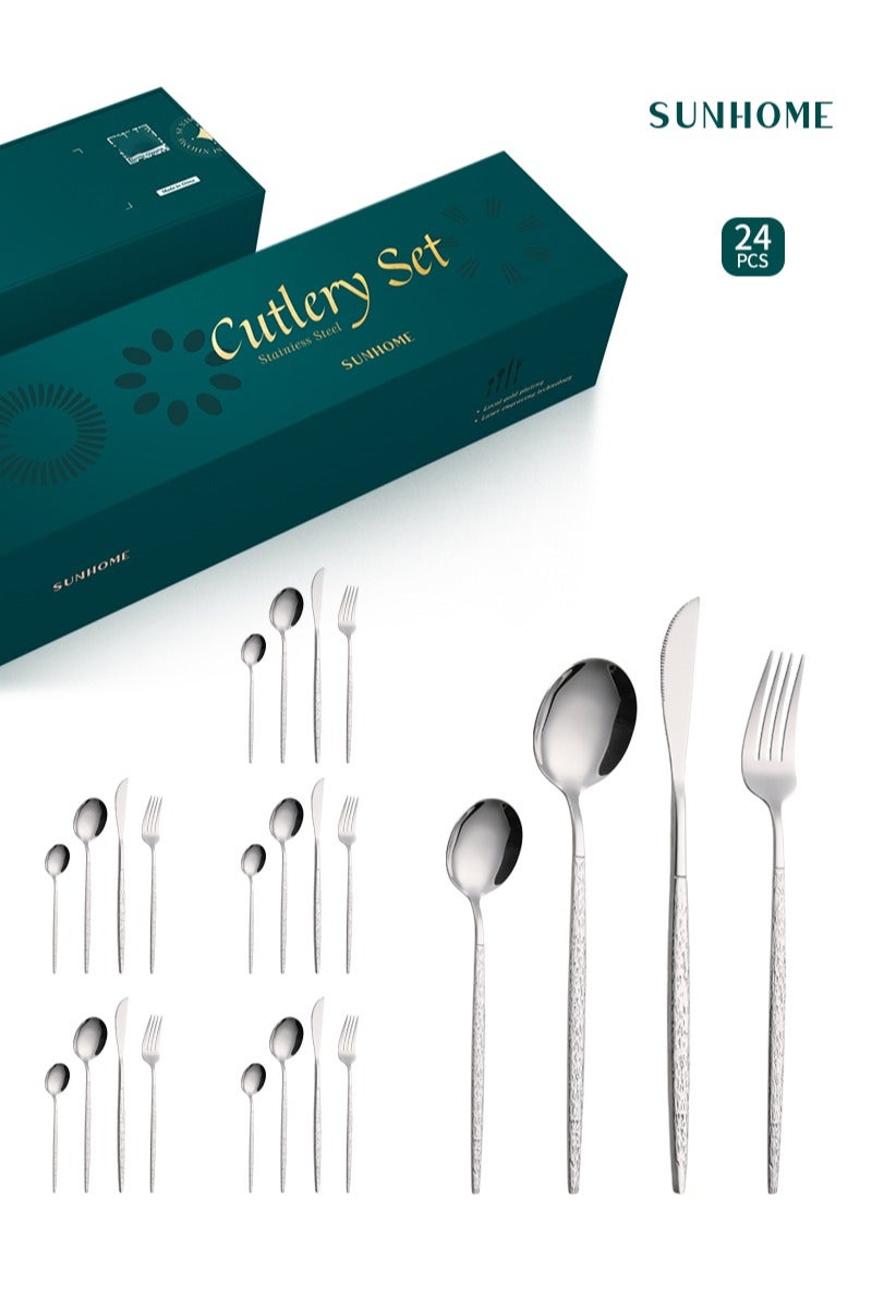 صن هوم مجموعة أدوات مائدة من الفولاذ المقاوم للصدأ من SUNHOME مكونة من 24 قطعة، مجموعة أدوات مطبخ غربية مناسبة للمنزل والمطبخ والمطعم والفندق والحفلات وتناول الطعام والنزهات، عبوة رائعة هدية فضية - Image 1
