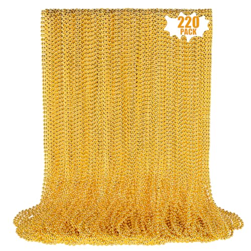 LINSIRON 220 PCS Gold Bead Necklace, 33 Inch Mardi Gras Christmas Beads, Bulk Metallic Party Beads for Mardi Gras Parade, St Patricks Day, Wedding, Birthday, Pirate Party, Carnival Party Favors - Image 1