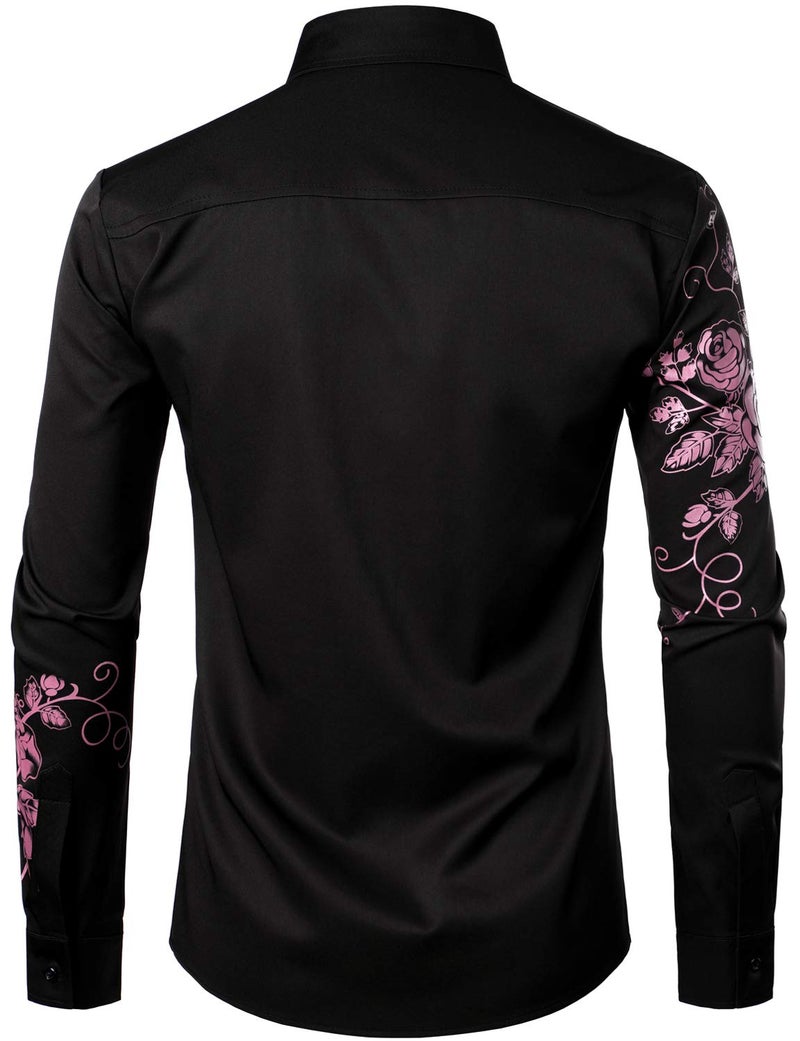 ZEROYAA Men's Hipster Rose Floral Printed Slim Fit Long Sleeve Button Up Party Dress Shirts ZZCL63 Black Pink Large - Image 3