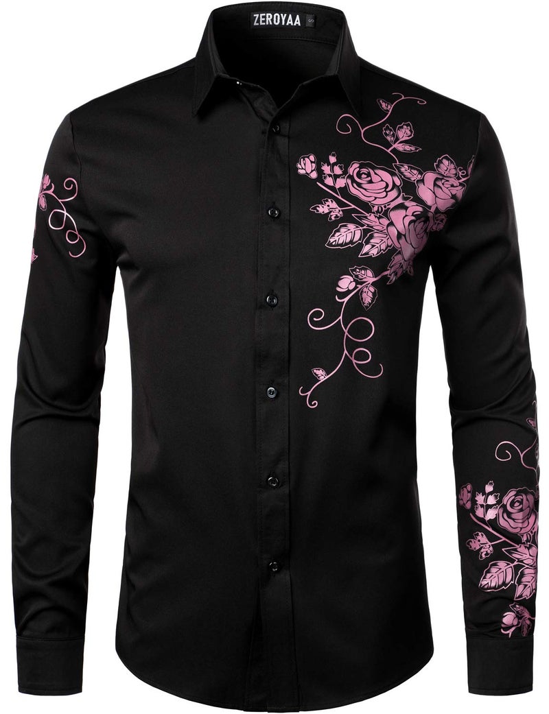 ZEROYAA Men's Hipster Rose Floral Printed Slim Fit Long Sleeve Button Up Party Dress Shirts ZZCL63 Black Pink Large - Image 1