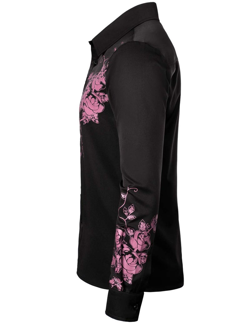 ZEROYAA Men's Hipster Rose Floral Printed Slim Fit Long Sleeve Button Up Party Dress Shirts ZZCL63 Black Pink Large - Image 2