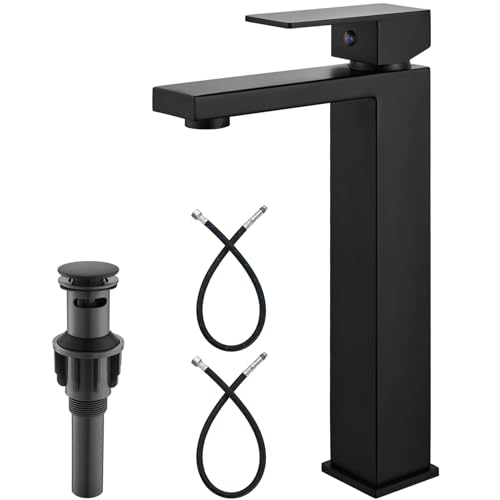 Heyalan Bathroom Vessel Sink Faucet Restroom Faucet Single Handle Basin Bowl Tap SUS304 Stainless Steel Tall Body 1 Hole Lavatory Vanity Mixer Bar Tap, with Drain,Matte Black - Image 1