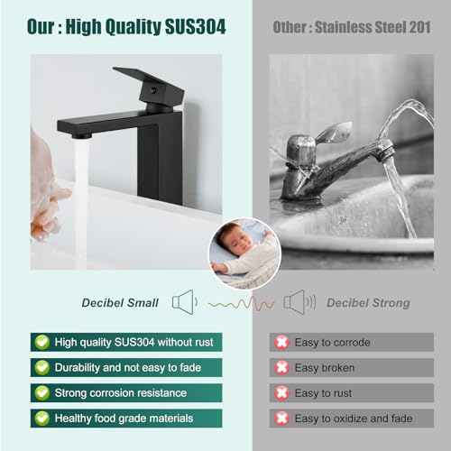 Heyalan Bathroom Vessel Sink Faucet Restroom Faucet Single Handle Basin Bowl Tap SUS304 Stainless Steel Tall Body 1 Hole Lavatory Vanity Mixer Bar Tap, with Drain,Matte Black - Image 3