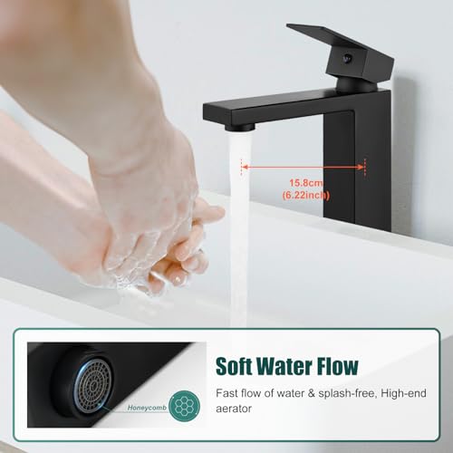 Heyalan Bathroom Vessel Sink Faucet Restroom Faucet Single Handle Basin Bowl Tap SUS304 Stainless Steel Tall Body 1 Hole Lavatory Vanity Mixer Bar Tap, with Drain,Matte Black - Image 2