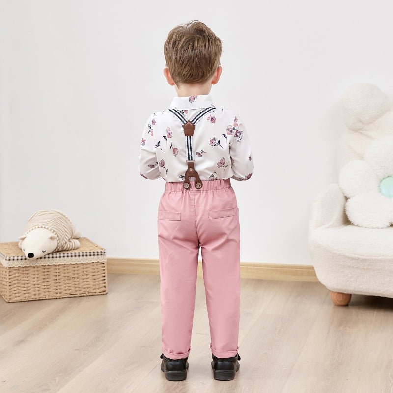 nilikastta Boys Wedding Guest Outfit Boy Dress Shirt with Bowtie/Suspender Pants for Social Activities 7-8 Years Pink - Image 4
