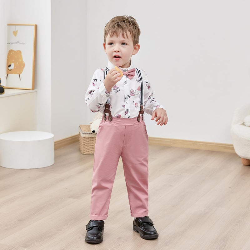 nilikastta Boys Wedding Guest Outfit Boy Dress Shirt with Bowtie/Suspender Pants for Social Activities 7-8 Years Pink - Image 2