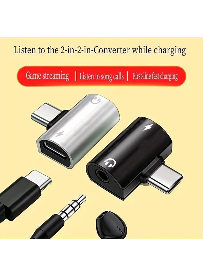 Black 2 In 1 USB C To 3 5mm Jack Adapter Fast Charging Audio Video Splitter Metal - Image 1