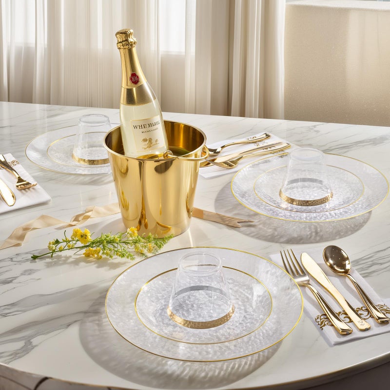 DaYammi 100 Pcs Clear Gold Plastic Plates, Hammered Party Plate, Fancy Plastic Plates Disposable Clear Disposable Dessert Platos, 7 Inch Heavy duty Plastic Dessert Platos for Party & Wedding - Image 3