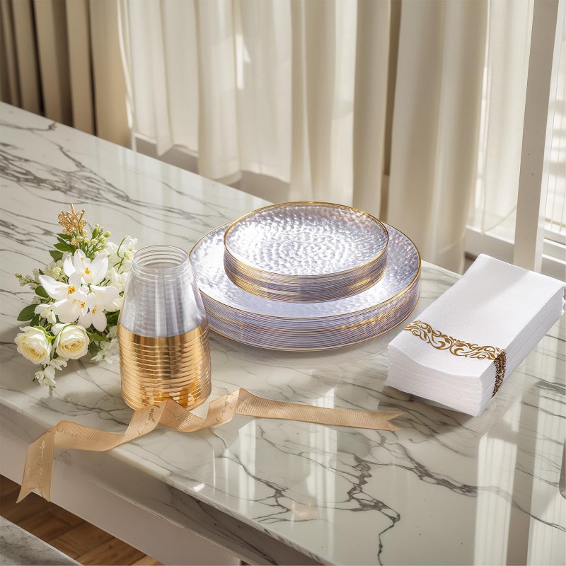 DaYammi 100 Pcs Clear Gold Plastic Plates, Hammered Party Plate, Fancy Plastic Plates Disposable Clear Disposable Dessert Platos, 7 Inch Heavy duty Plastic Dessert Platos for Party & Wedding - Image 2