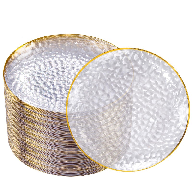 DaYammi 100 Pcs Clear Gold Plastic Plates, Hammered Party Plate, Fancy Plastic Plates Disposable Clear Disposable Dessert Platos, 7 Inch Heavy duty Plastic Dessert Platos for Party & Wedding - Image 1